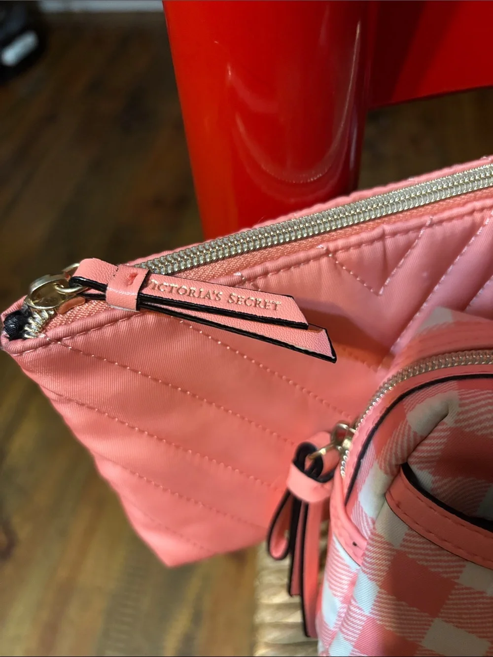 Victoria's Secret Coral Pink Quilted and Gingham Cosmetic Pouch Duo